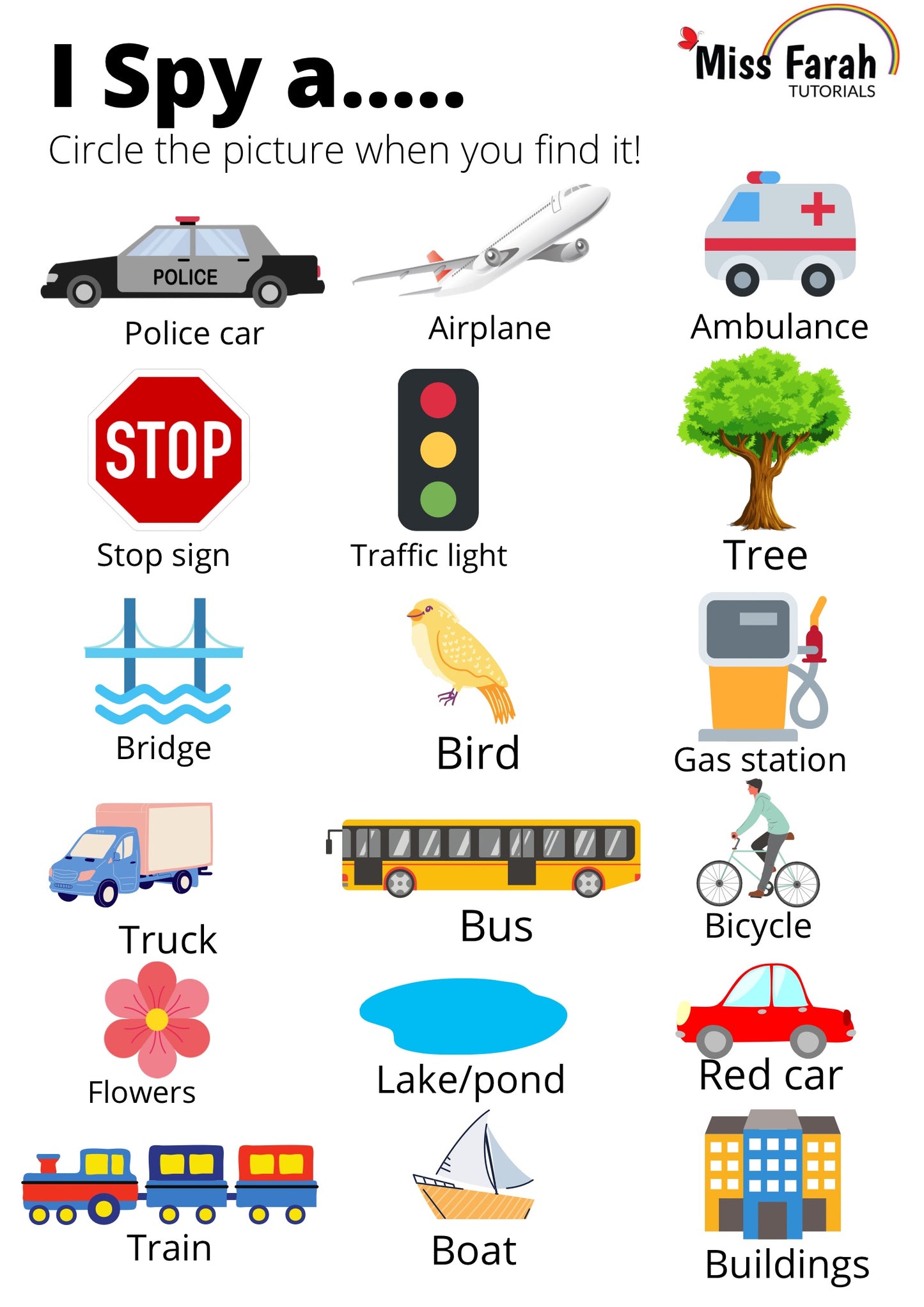 I spy checklist on the road